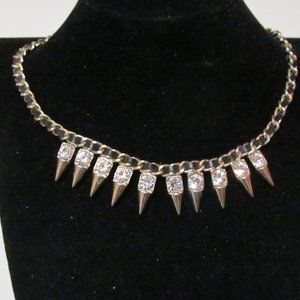 Gold tone glass rhinestones leather necklace